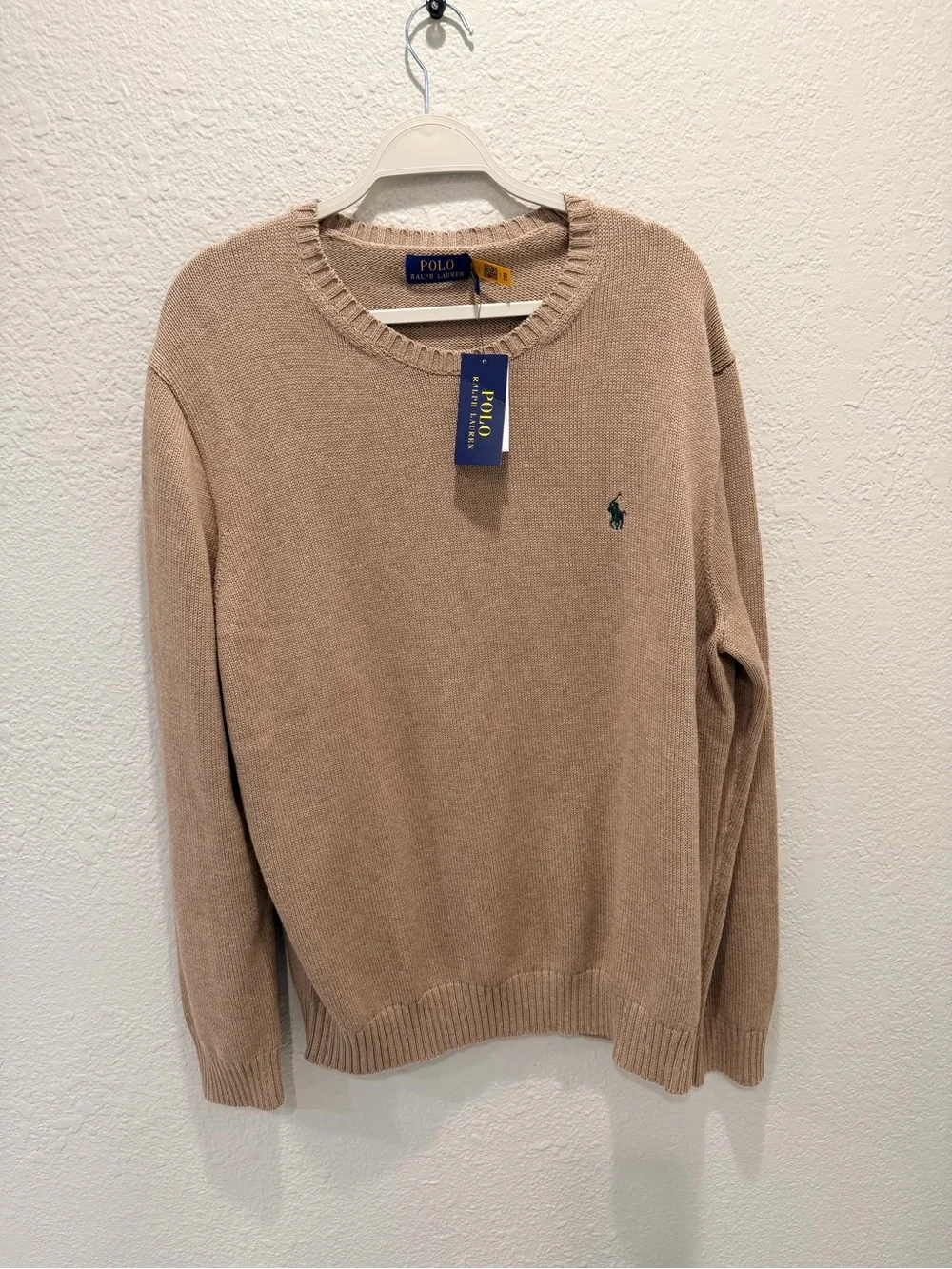 Ralph Lauren Men’s Crewneck Sweater in Beige with Green Polo Logo
